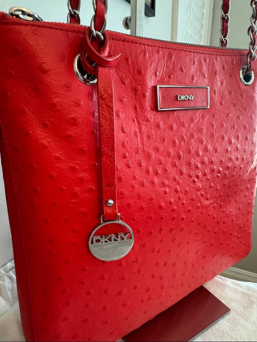 DKNY Red Ostrich Embossed Leather Convertible Shoulder Bag Crossbody - Picture 2 of 8